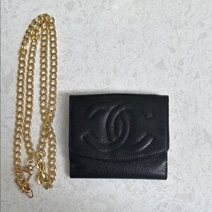 Vintage Chanel Black Caviar Leather Wallet with unbranded Gold Chain